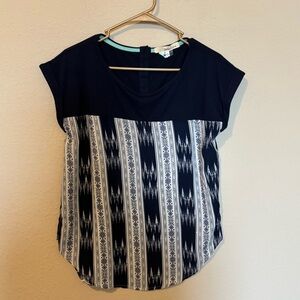 Rewind Mixed Media SS Blouse Blue Cream Stripe Scoop Neck Button Size Small